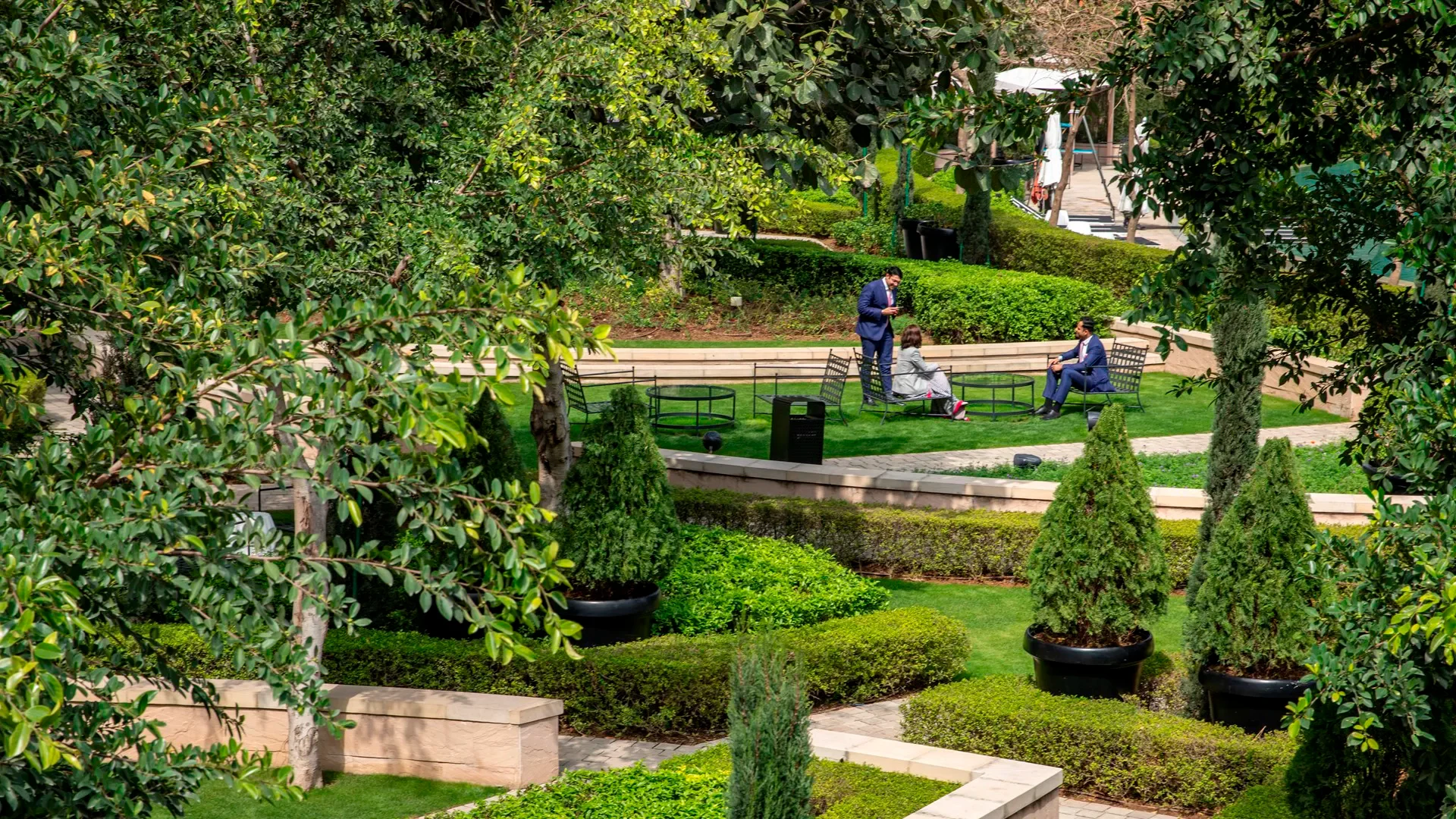 Garden seating among hedges and mature planting at Camellias